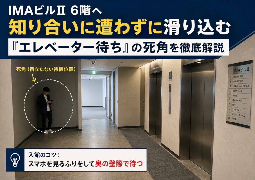 入館のコツ: スマホを見るふりをして、奥の壁際でエレベーターを待ちます。