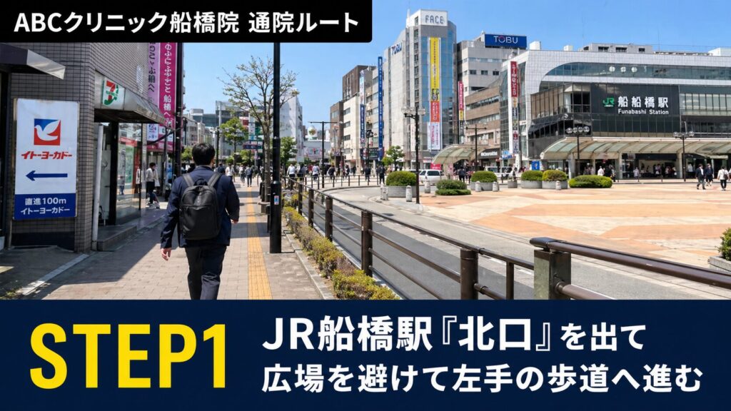 JR船橋駅「北口」を出て、正面の大きな広場を避けて左手の歩道（イトーヨーカドー側）を進みます。