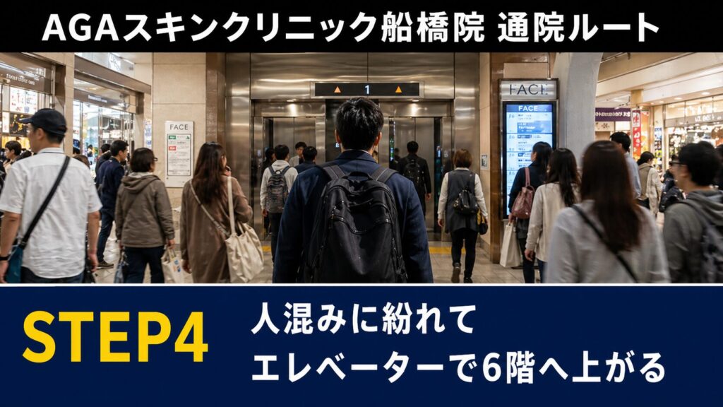 あえて人混みに紛れ、エレベーターで一気に6階へ上がるのが最もバレにくい方法です。