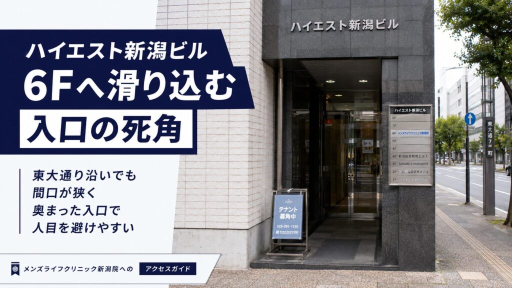 ビルの入り口： 東大通りに面していますが、間口は狭いです。