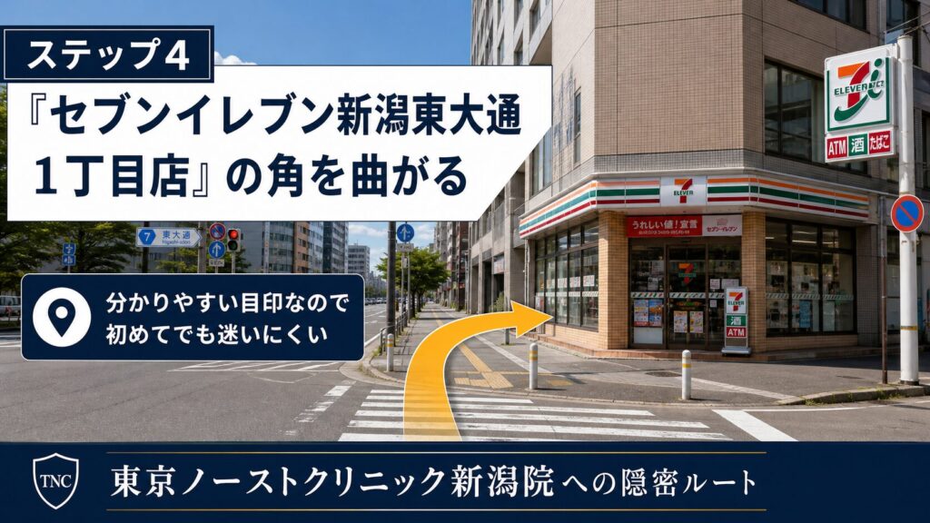 ステップ4： 「セブンイレブン新潟東大通1丁目店」の角を曲がります。